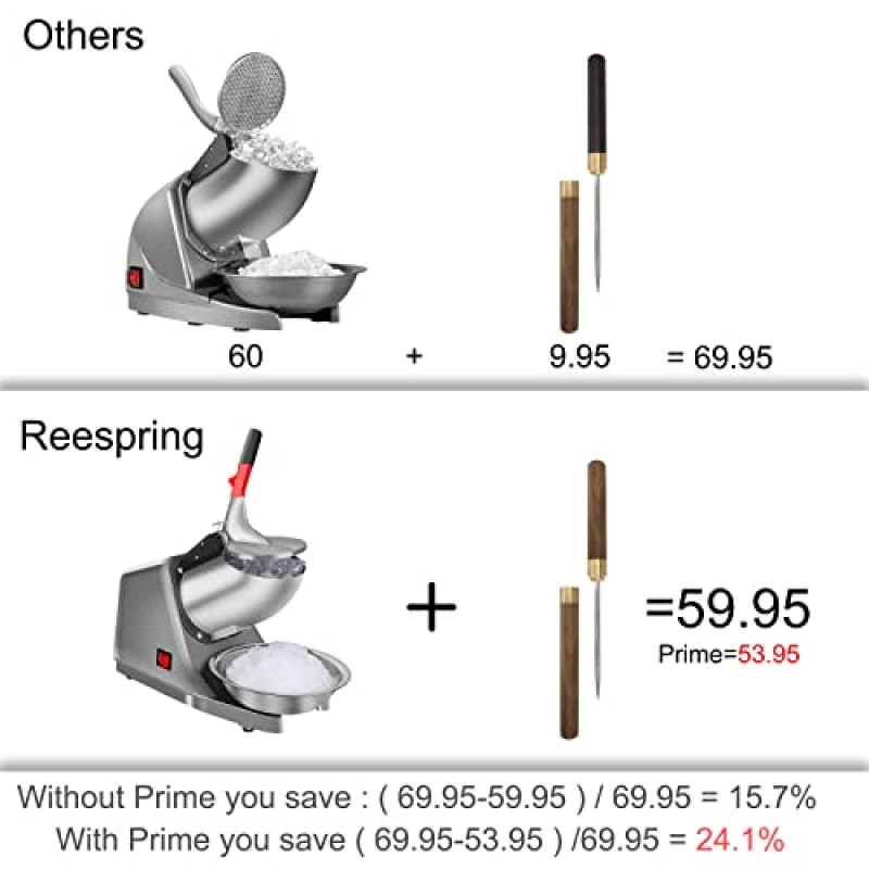 Reespring 면도 얼음 기계 얼음 분쇄기 스노우 콘 기계(스테인리스 스틸 블레이드 주방 포함) 면도 얼음 및 스노우 콘(300W 2000r/min)용 전기, 무료 아이스 픽도 함께 제공됩니다.