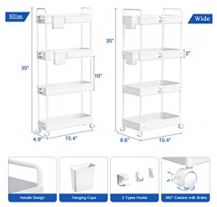 SOLEJAZZ 롤링 보관 카트, 4단 세탁실 정리 욕실 보관 카트, 브레이크 바퀴가 있는 이동식 보관 선반, 아파트 침실 사무실 차고용 유틸리티 카트, 주방, 흰색, 2팩