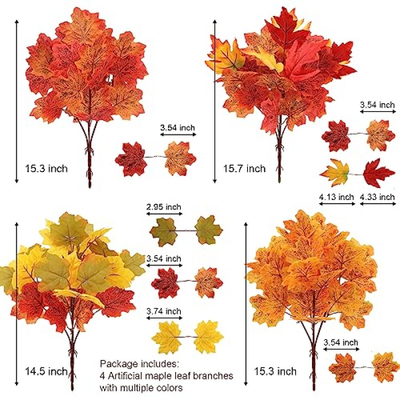 Guagb 4Pcs 가을 잎 인공 단풍 잎 가지 - 4 개의 가을 색상 가짜 단풍 가짜 식물 실크 잎 - 홈 실내 주방 테이블 중앙 장식품 파티 장식에 적합