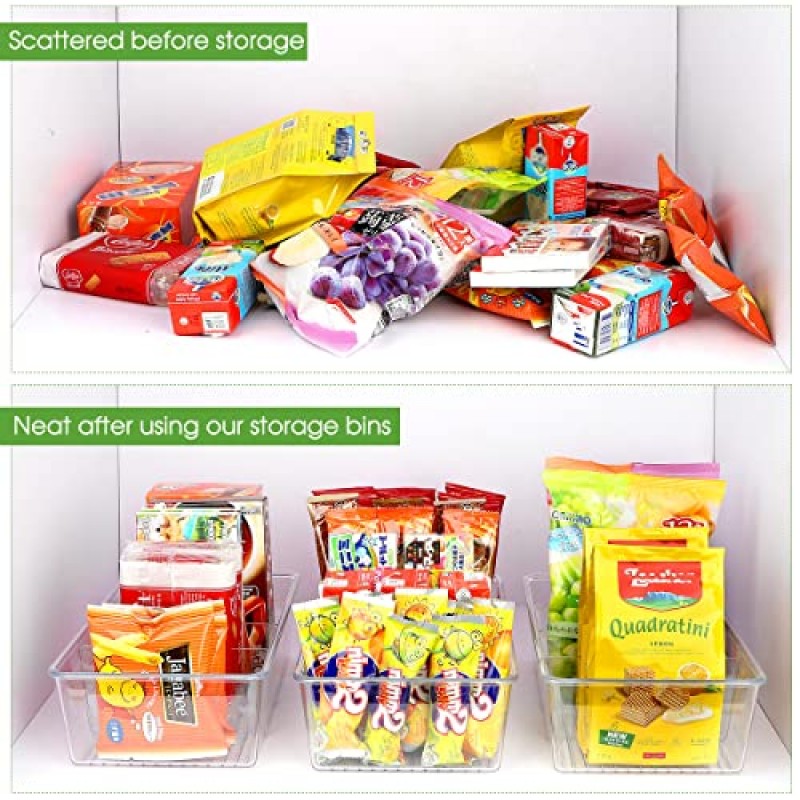 ZIZOTI 5팩 식품 보관 정리함 투명 플라스틱 탈착식 식료품 저장실 조직 랙(3개의 칸막이, 주방, 캐비닛 스낵, 패킷, 향신료, 파우치 쌓을 수 있는 쓰레기통 포함)