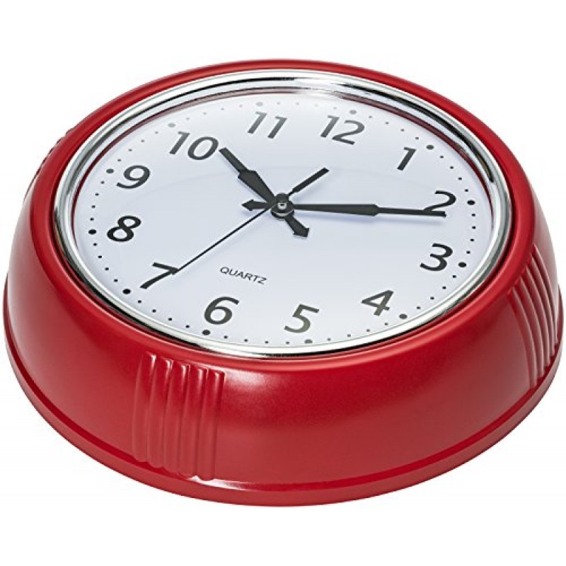 Bernhard 제품 복고풍 벽시계 12인치 빨간색 주방 50년대 빈티지 디자인 라운드 무음 비 똑딱거림 배터리 작동 품질 홈 오피스 학교 또는 교실용 석영 시계