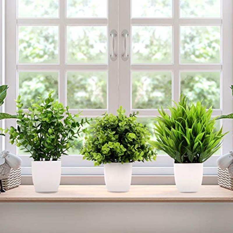 GREENTIME 3Pack 미니 가짜 식물 냄비, 인공 플라스틱 유칼립투스 식물, 밀 잔디 화분에 심은 가짜 식물 사무실 책상 커피 테이블 욕실 침실 홈 장식 실내