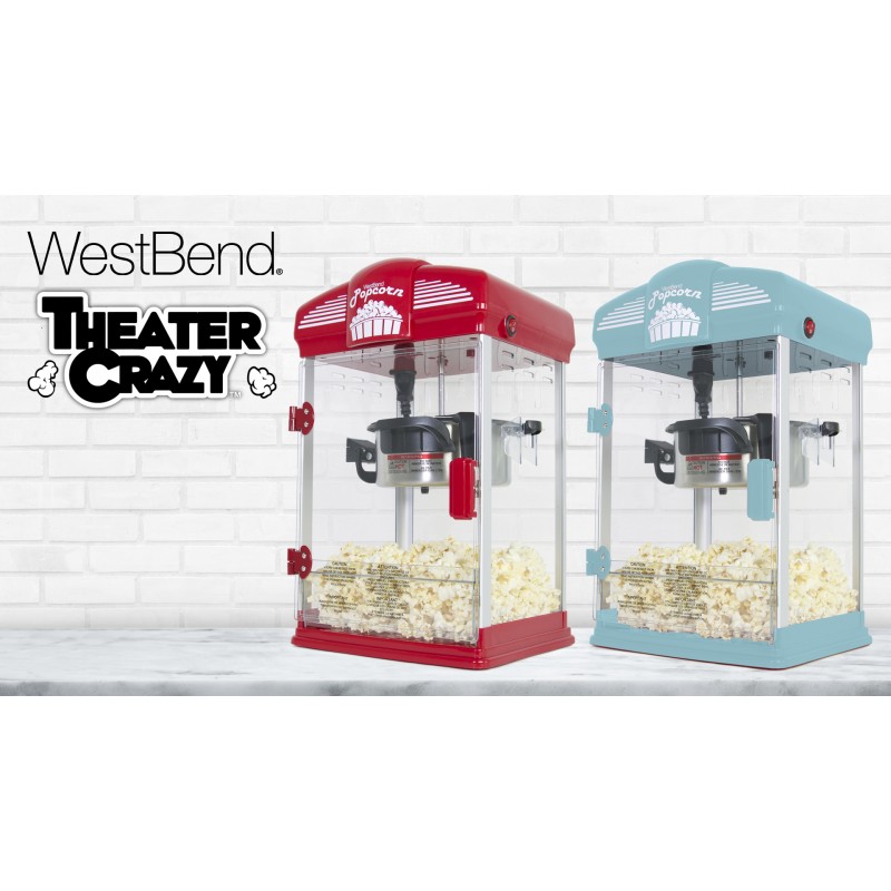 West Bend Stir Crazy Movie Theatre 팝콘 포퍼, 붙지 않는 팝콘 주전자가 포함된 미식가 팝콘 제조기, 측정 도구 및 국자, 4Qt, 파란색