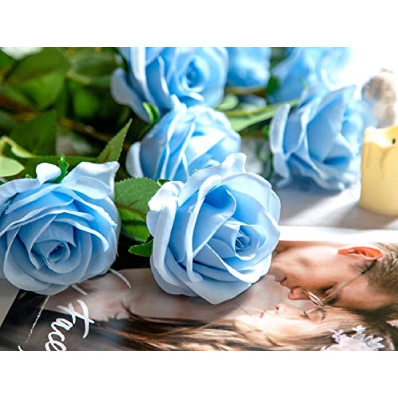 DuHouse 10pcs 가짜 장미 인공 실크 꽃 가짜 장미 꽃 긴 줄기 꽃다발 배열 웨딩 센터 피스 파티 홈 주방 장식 (하늘색)