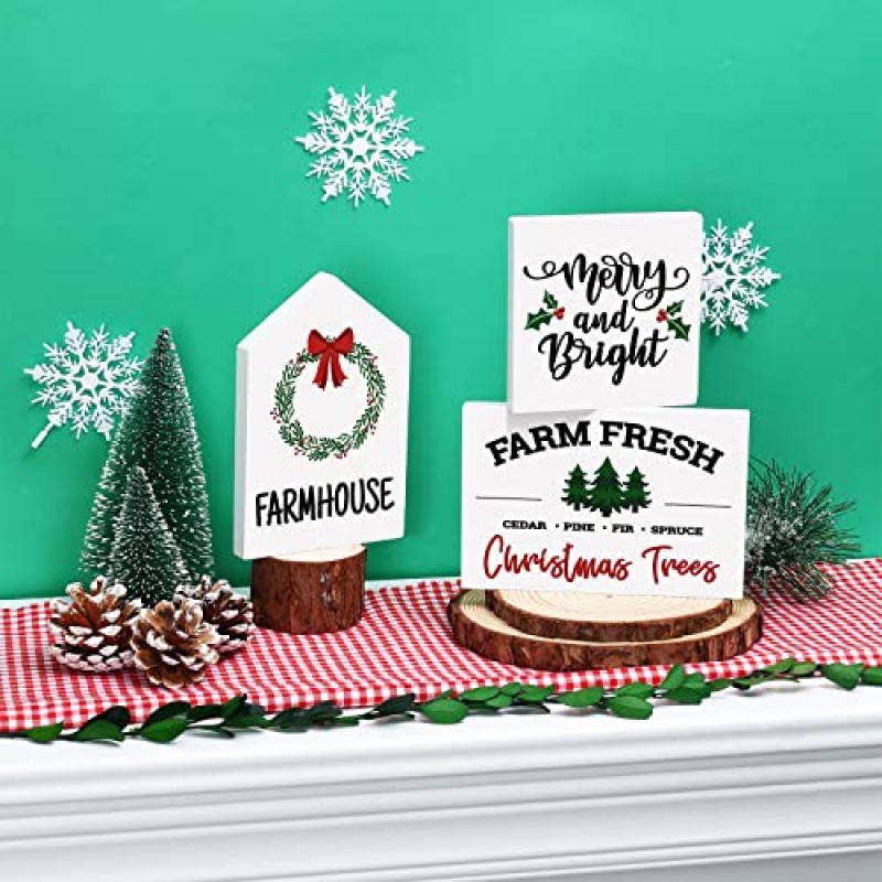 크리스마스 농가 계층형 트레이 장식 크리스마스 파티 소박한 집 부엌 크리스마스 트리 농장 장식 계절 휴일 3D 나무 간판 선반 서 있는 시터 영감을 받은 나무 블록 장식품 3개 세트