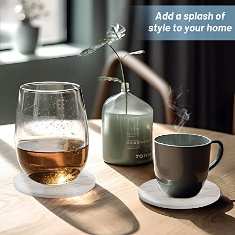 커피 테이블용 홀더가 있는 Acejoz 음료 컵받침, 흡수성 코스터 6개 세트, 나무 테이블용 대리석 스타일 세라믹 코스터, 컵 종류, 가정 장식, 4인치에 적합