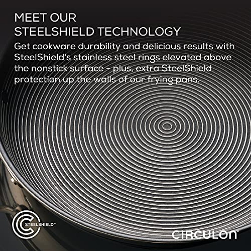 하이브리드 SteelShield 및 붙지 않는 기술이 적용된 Circulon 클래드 스테인리스 스틸 조리기구 냄비와 팬 및 식기 세트, 12피스 - 실버