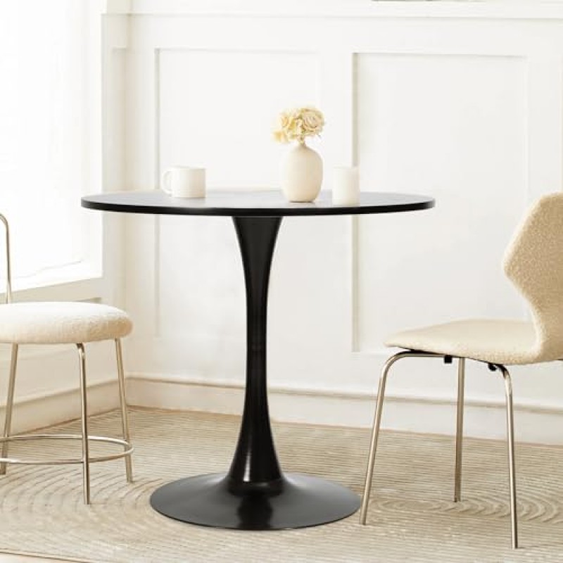 FurnitureR 31.5인치 현대 원형 식탁 원형 2-4인용 튤립 디자인 받침대 포함 홈 오피스 거실 주방 레저용, 블랙