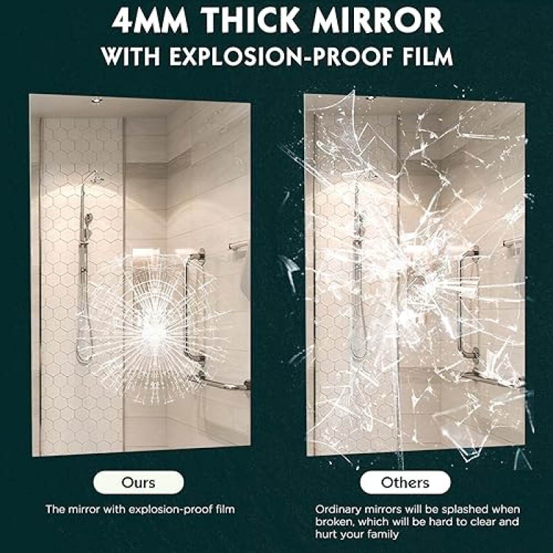 벽용 Memobarco 욕실 거울, 20*28 프레임리스 욕실 벽 거울 직사각형 라운드 코너 IP54 방수 비산 방지 거울 욕실 벽에 장착된 욕실 벽