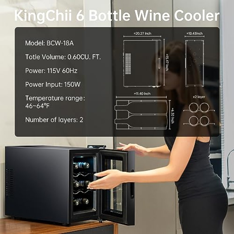 KingChii 6병 열전 와인 쿨러 냉장고 고급 냉각 기술, 레드 와인용 스테인레스 스틸 및 강화 유리, 가정, 주방 또는 사무실용 샴페인