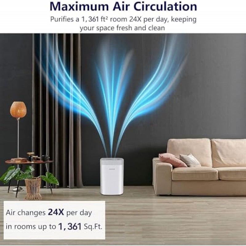 가정용 침실용 Nuwave 공기 청정기 최대 1361평방피트, 공기 품질 센서가 장착된 휴대용 공기 청정기, H13 True HEPA 및 탄소 필터로 애완동물 털 알레르기 포착 먼지 연기, 18dB, 에너지 스타 인증