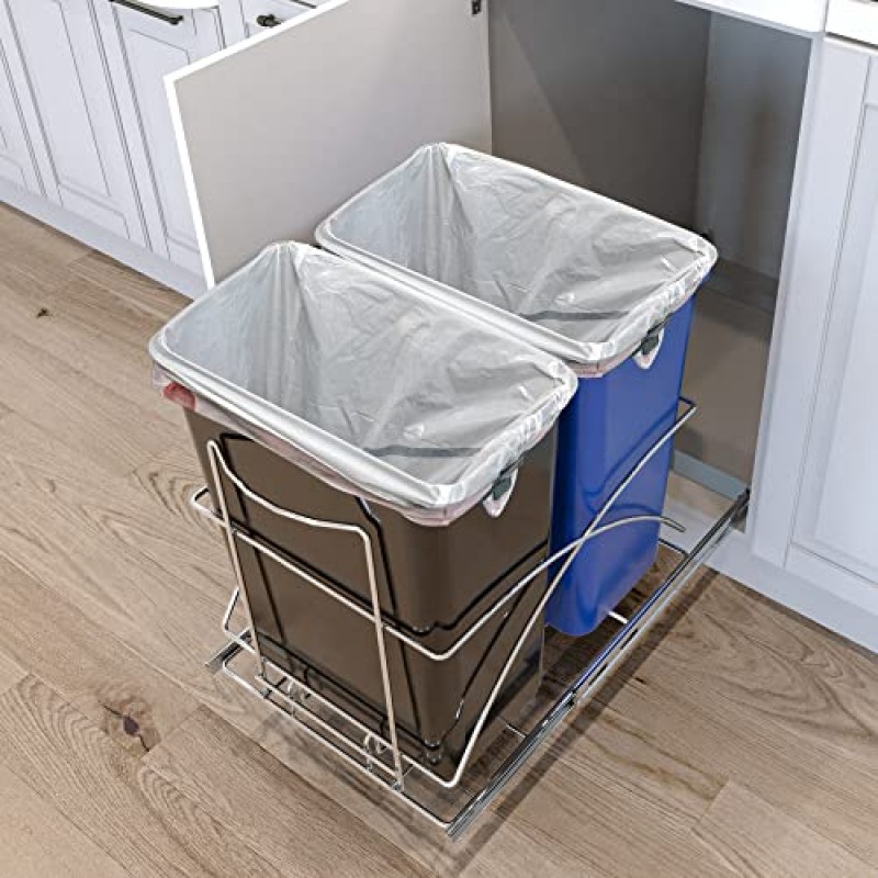 Home Zone Living 15.3갤런 서랍형 쓰레기통, 재활용 및 쓰레기용 대형 이중 탈착식 라이너(총 15.3갤런에 대해 7.65 + 7.65)