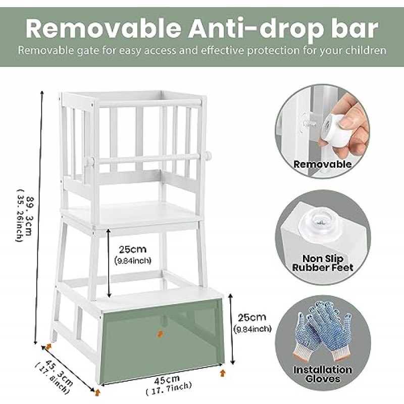 COSYLAND 키즈 주방 스텝 스툴 도우미 장갑 탈착식 안티 드롭 난간 안전 레일, 미끄럼 방지 매트 스탠딩 타워 유아용 스테핑 스툴 욕실 싱크 카운터 학습 화이트