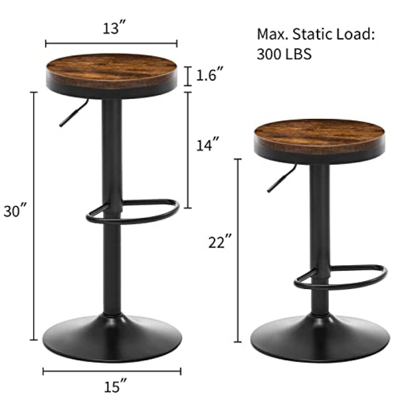 Fefances 바 의자 2개의 회전 카운터 세트 발판이 있는 높이 조절 가능한 바 의자 현대식 나무 바 의자 천연 좌석 금속 베이스 홈 주방 아일랜드 카운터 블랙