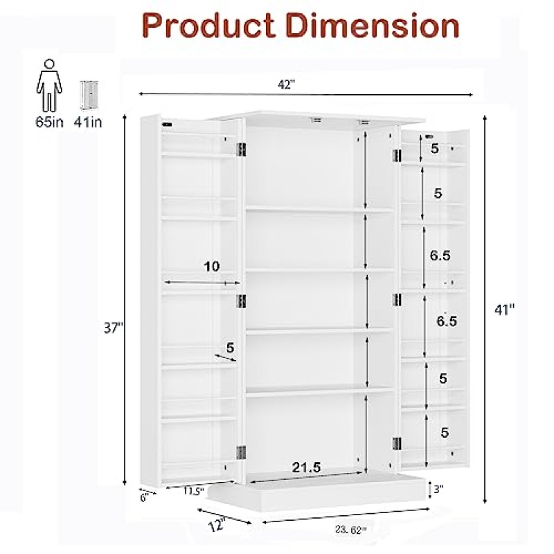 Function Home 41인치 주방 보관 캐비닛, 주방, 거실, 식사 공간용 흰색 문과 조절 가능한 선반이 있는 식료품 저장실 캐비닛