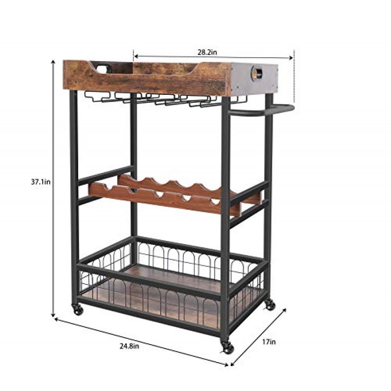 X-cosrack 바 카트(와인 랙 포함), 가정용 이동식 바 카트, 보관함과 유리 홀더가 있는 주방 서빙 카트, ​​탈착식 목재 트레이, 손잡이가 달린 바퀴가 달린 산업용 와인 카트, 브라운
