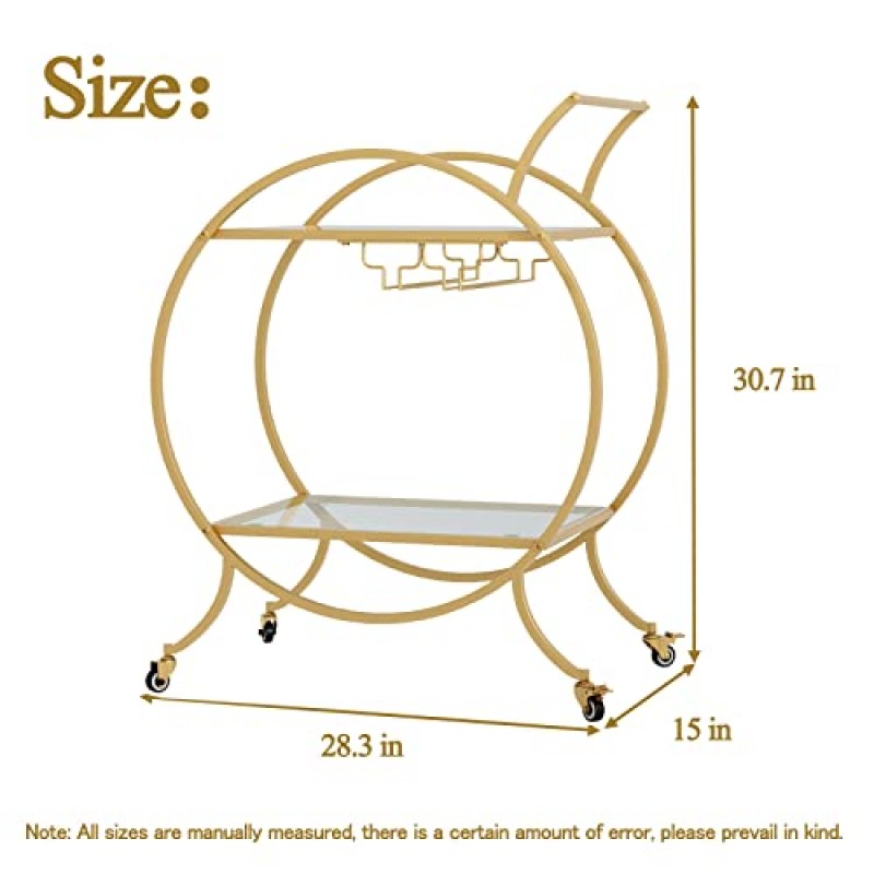 OuQinDesign 라운드 바 카트 2단 보관 선반이 있는 골드 서빙 카트 홈 주방 클럽 거실용 와인 글라스 홀더 및 롤링 바 카트