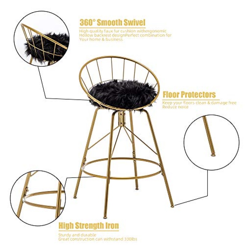 Alunaune 26 인치 회전 금속 바 의자 골드 바 의자 2 개 세트 블랙 인조 모피 카운터 높이 Barstools 홈 주방 카운터 의자-골드