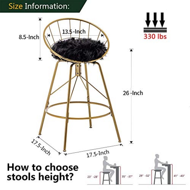 Alunaune 26 인치 회전 금속 바 의자 골드 바 의자 2 개 세트 블랙 인조 모피 카운터 높이 Barstools 홈 주방 카운터 의자-골드