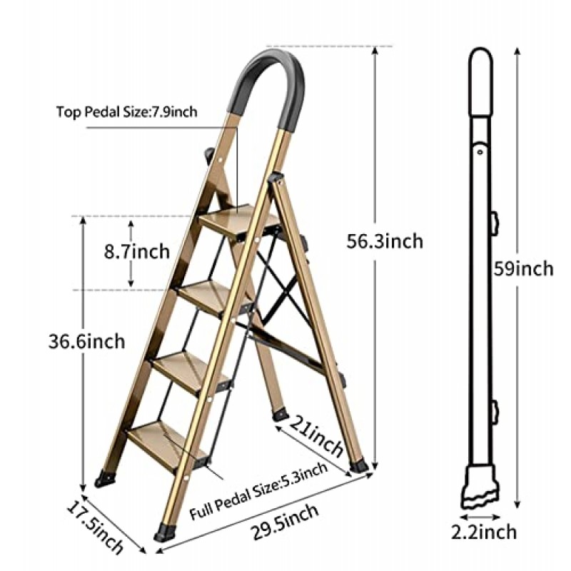 경량 알루미늄 4단 사다리 접이식 스텝 스툴 가정 및 주방 사용 공간 절약을 위한 미끄럼 방지 및 넓은 페달이 있는 발판 사다리(브라운 골드)…