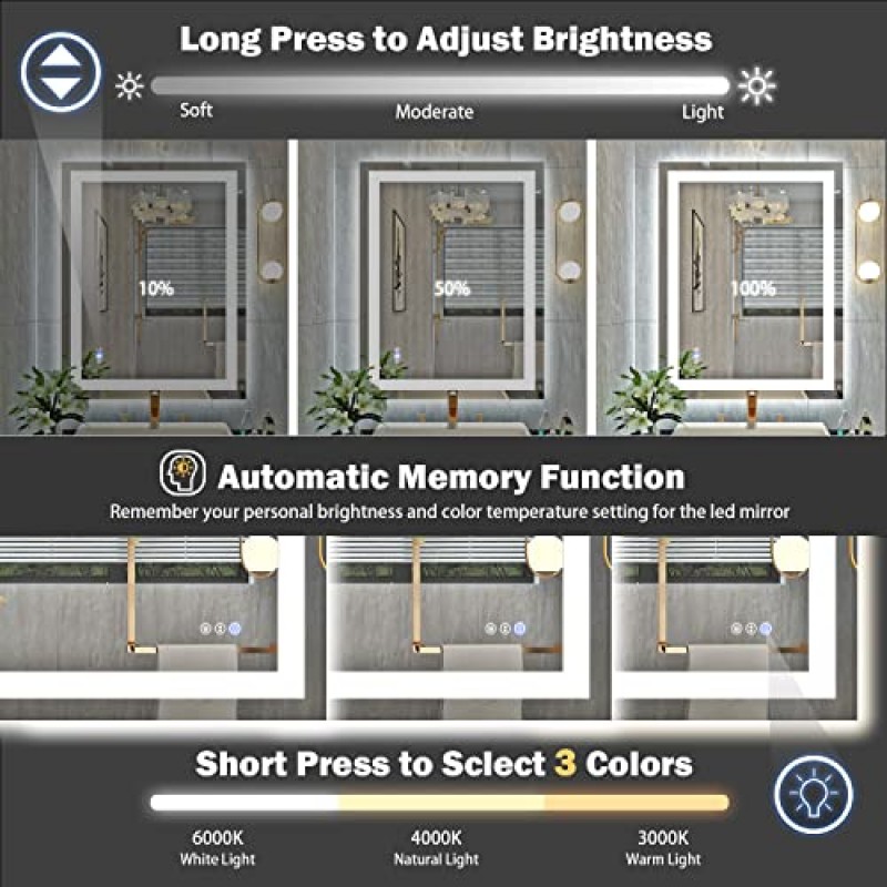 Klajowp 28'x36' LED 욕실 거울(전면 + 백라이트 포함), 강화 유리 욕실 거울(조명 포함, 김서림 방지, 3가지 색상, 무단계 밝기 조절 가능 메모리 포함) 벽용 욕실 세면대 거울, 비산 방지