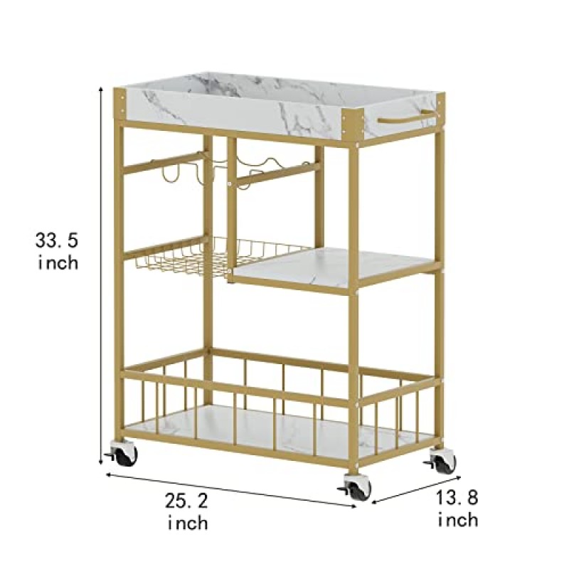 Azheruol 바 카트 3단 와인 랙 및 바구니 계층, 롤링 음료 카트, 손잡이가 있는 모바일 바 서빙 카트, ​​흰색 대리석 목재 및 골드 프레임 파티용 홈 주방 선반이 있는 이동식 보관 트레이