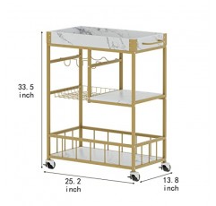 Azheruol 바 카트 3단 와인 랙 및 바구니 계층, 롤링 음료 카트, 손잡이가 있는 모바일 바 서빙 카트, ​​흰색 대리석 목재 및 골드 프레임 파티용 홈 주방 선반이 있는 이동식 보관 트레이
