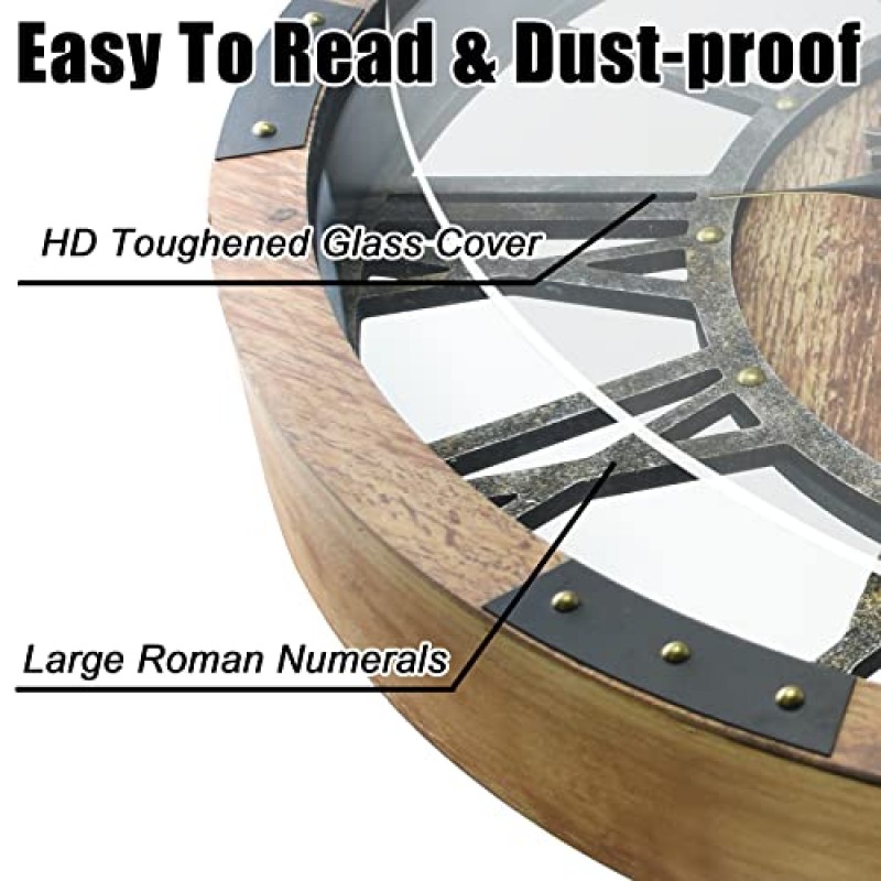 강화 유리 커버가 있는 27인치 대형 실제 이동 기어 벽시계, 대형 빈티지 단단한 나무 농가 시계, 거실 홈 주방 사무실(브라운)을 위한 거대한 장식 소박한 벽시계