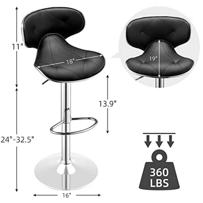 SIMFLAG 바 스툴 2개 세트, 등받이가 있는 회전 바 스툴, 360Lbs 용량 높이 조절 가능 바 의자(24