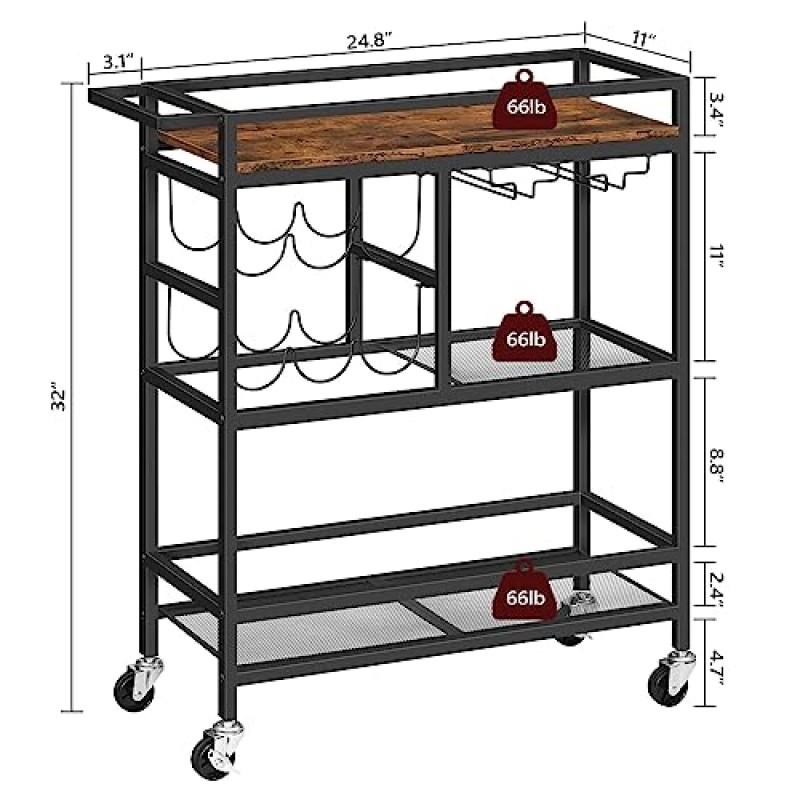가정용 MAHANCRIS 바 카트, 바퀴와 손잡이가 있는 3단 서빙 카트, ​​와인 랙과 유리 홀더가 있는 음료 카트, 주방용 롤링 와인 카트, 식당, 러스틱 브라운 RCHR6101