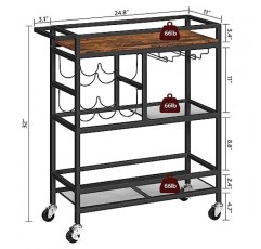 가정용 MAHANCRIS 바 카트, 바퀴와 손잡이가 있는 3단 서빙 카트, ​​와인 랙과 유리 홀더가 있는 음료 카트, 주방용 롤링 와인 카트, 식당, 러스틱 브라운 RCHR6101