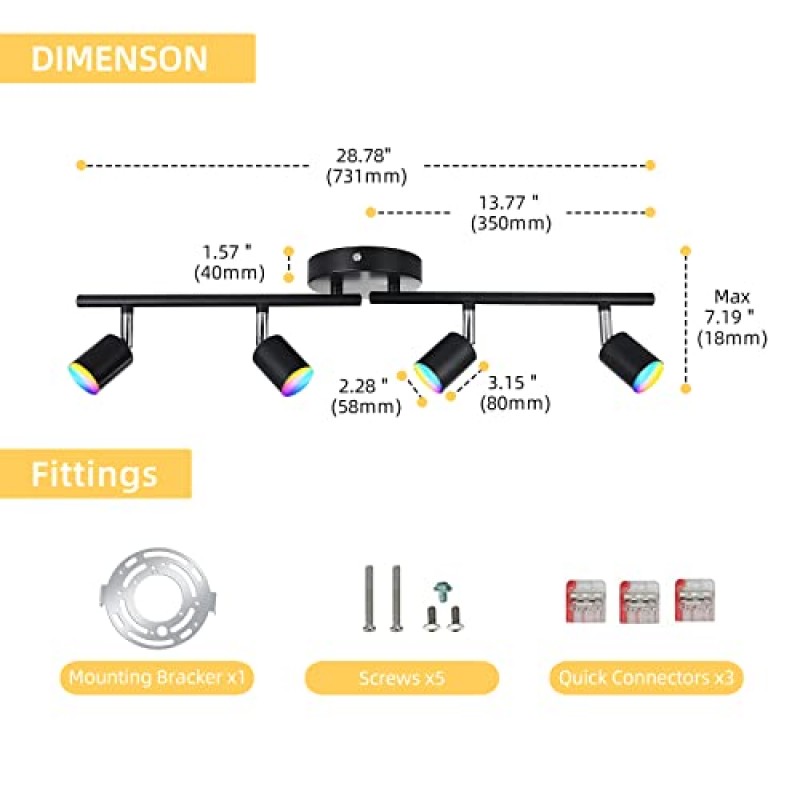 CANEOE 스마트 4등 검정색 Led 트랙 조명기구, 1600만 RGB 색상 변경 천장 트랙 조명 Alexa/Google 홈/앱 사용, 주방, 거실, 침실, 바용 천장 스포트라이트