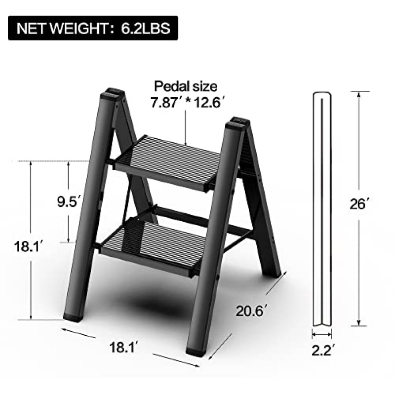 GameGem 2단 사다리, 미끄럼 방지 견고하고 넓은 페달이 있는 알루미늄 접이식 발판, 가정 및 주방 사용을 위한 경량 휴대용 다용도 발판 사다리, 공간 절약형, 검정색, 330lbs