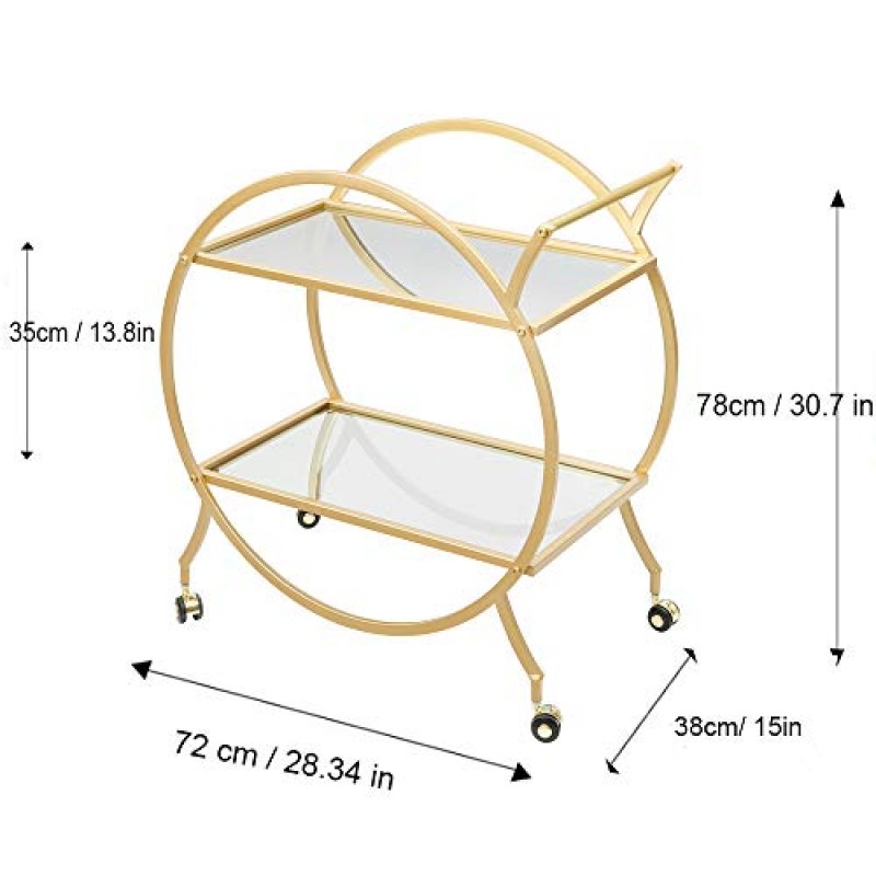 거울 선반 2개를 갖춘 HEONITURE 바 카트, 현대식 금속 바 서빙 카트, ​​가정/주방/클럽/거실용 골드 라운드 바 카트, 롤링 휠 디자인(28.34'14.96'30.7')