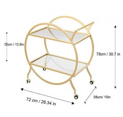 거울 선반 2개를 갖춘 HEONITURE 바 카트, 현대식 금속 바 서빙 카트, ​​가정/주방/클럽/거실용 골드 라운드 바 카트, 롤링 휠 디자인(28.34'14.96'30.7')