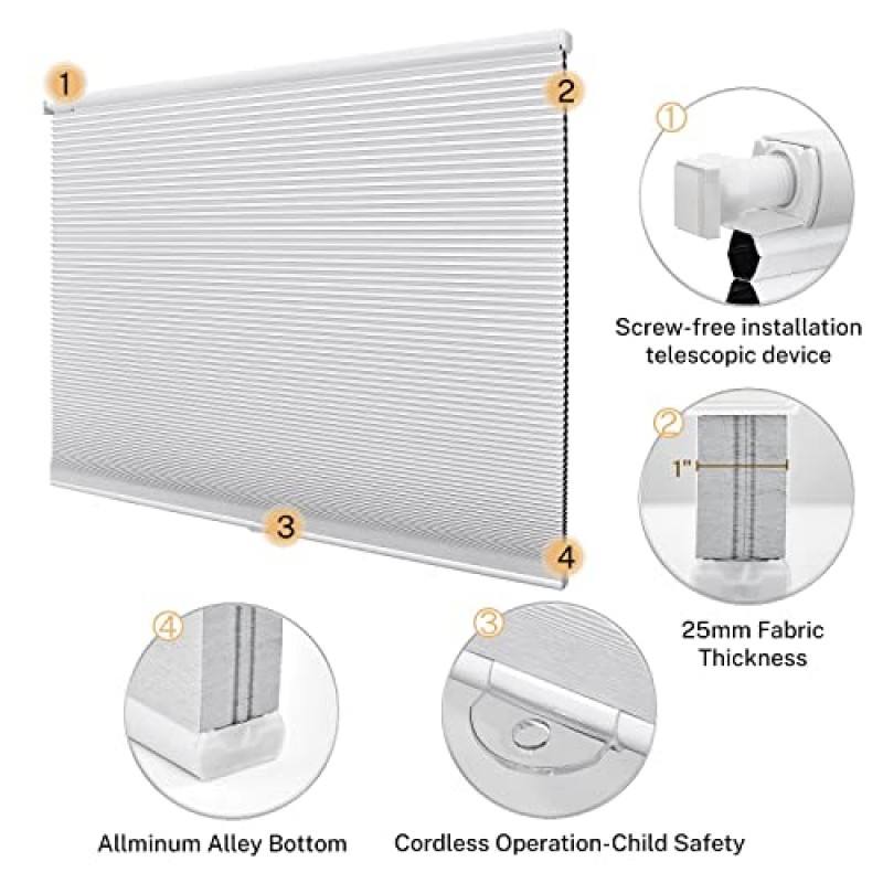 Keego 무선 드릴 없음 창 정전용 셀룰러 블라인드 벌집 모양 도구 없음 가정용 부엌 침실 사무실용으로 쉽게 설치(정전, 흰색, 34w x 48h)