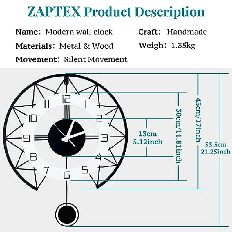 거실용 대형 벽시계, 홈 장식용 진자가 있는 현대 장식 무성 벽시계 침실 주방 사무실, 17인치 대형 벽시계 배터리 작동식 비 똑딱 장식용 시계 벽