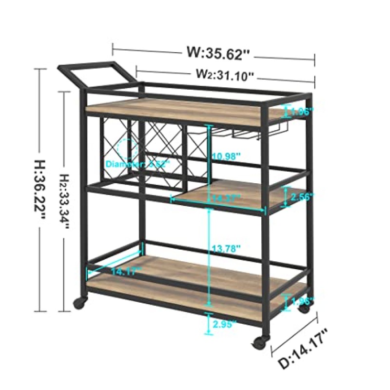 와인 랙과 유리잔 홀더가 있는 가정용 FATORRI 바 카트, 바퀴가 달린 산업용 주류 서빙 카트, ​​소박한 목재 및 금속 커피 카트, 식당 및 주방용 음료 트롤리(러스틱 오크)