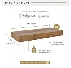 MCS 플로팅 선반, 방 장식 나무 선반, 호두나무 나뭇결, 18 x 8인치, 2개 세트
