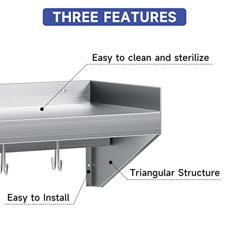 Halamine 스테인레스 스틸 벽 선반, 금속 벽 선반 60 * 12 인치, 레스토랑, 주방, 집, 세탁실, 바, 식품 트럭을 위한 5개의 후크가 있는 상업용 벽걸이형 강철 부동 선반