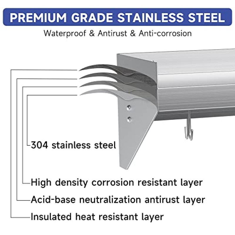 Halamine 스테인레스 스틸 벽 선반, 금속 벽 선반 60 * 12 인치, 레스토랑, 주방, 집, 세탁실, 바, 식품 트럭을 위한 5개의 후크가 있는 상업용 벽걸이형 강철 부동 선반