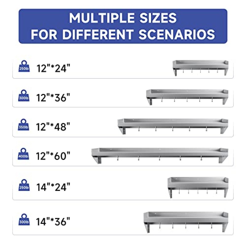 Halamine 스테인레스 스틸 벽 선반, 금속 벽 선반 60 * 12 인치, 레스토랑, 주방, 집, 세탁실, 바, 식품 트럭을 위한 5개의 후크가 있는 상업용 벽걸이형 강철 부동 선반