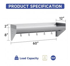 Halamine 스테인레스 스틸 벽 선반, 금속 벽 선반 60 * 12 인치, 레스토랑, 주방, 집, 세탁실, 바, 식품 트럭을 위한 5개의 후크가 있는 상업용 벽걸이형 강철 부동 선반