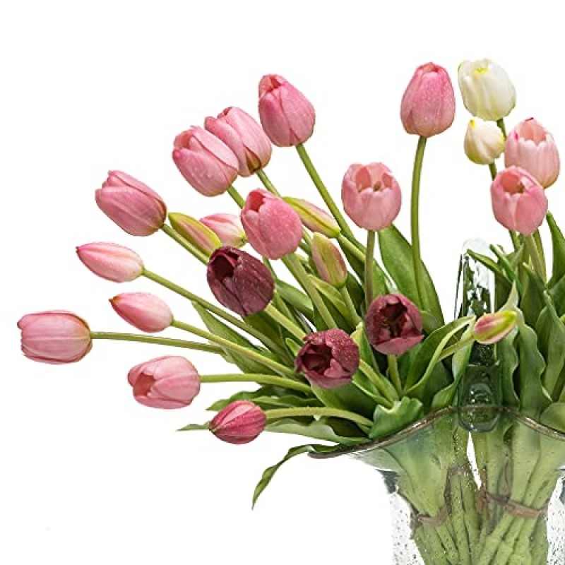 DUYONE 40pcs 인공 튤립 꽃 웨딩 파티 사무실 홈 부엌 장식 (한 벌 40pcs)에 대 한 진짜 터치 가짜 라텍스 꽃다발