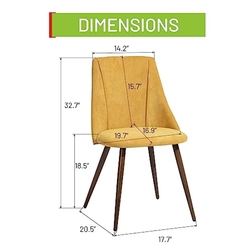 FurnitureR 다이닝 체어 2개 세트, 가정용 주방 거실 레스토랑용 부드러운 시트/금속 다리가 있는 모던 패브릭 덮개를 씌운 사이드 체어, 노란색