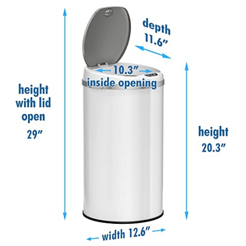 iTouchless 8갤런 터치리스 센서 쓰레기통, AbsorbX 냄새 필터 시스템 포함, 30리터 원형 흰색 강철 쓰레기통, 가정, 주방, 사무실에 적합