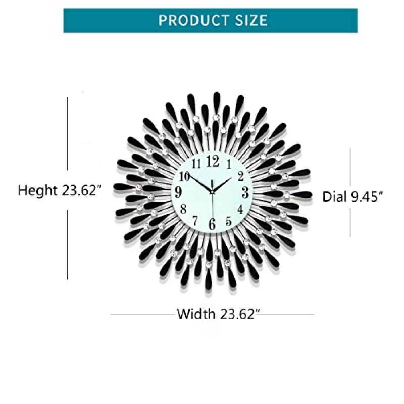 YIJIDECOR 거실 장식을위한 대형 벽시계 침실 사무실 주방 홈 장식 실내 집에 대한 24 인치 라운드 블랙 시계 크리스탈 벽 예술 장식을위한 큰 현대 침묵 벽시계