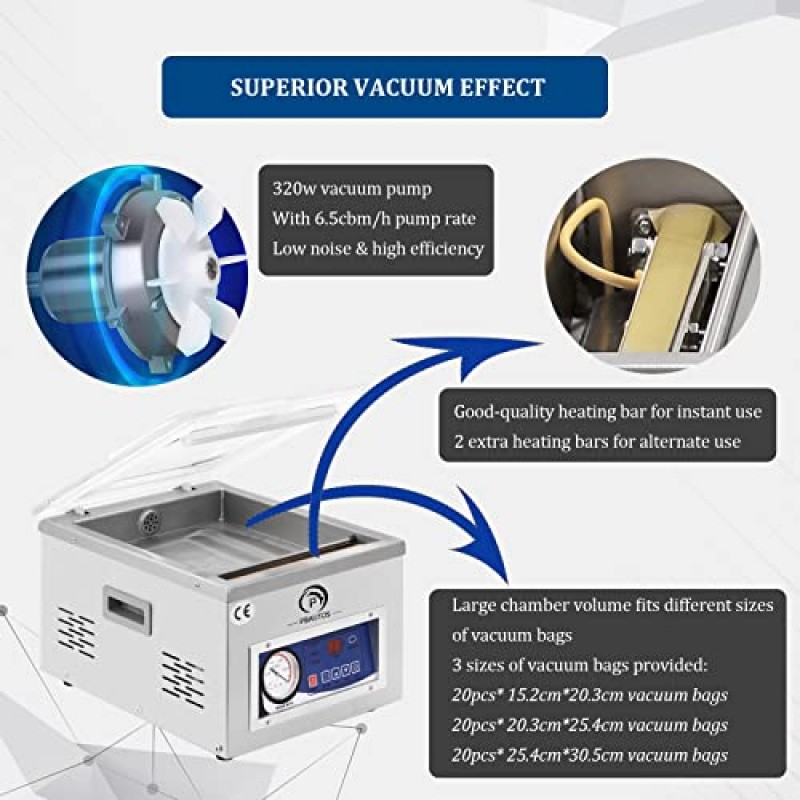 P PBAUTOS 챔버 진공 실러 기계, 마이크로 컴퓨터 제어, DZ260A 110V/60Hz 식품 포장 실러 기계, 6.5CBM/h 펌프 속도, 가정 주방 및 상업용으로 적용
