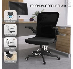 Monhey 사무실 의자, 인체공학적 사무실 의자 요추 지지대 및 2D 플립업 팔이 있는 책상 의자 높이 조절 가능 홈 오피스 책상 의자 흔들이 가능한 하이백 컴퓨터 의자 블랙 메쉬 연구 의자