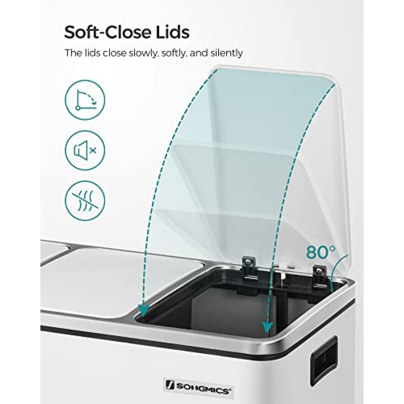 SONGMICS 쓰레기통, 3 x 4.8갤런 쓰레기통, 14.4갤런 휴지통(주방용 완충 뚜껑, 페달 및 내부 버킷 포함), 스테인레스 스틸, 흰색 ULTB154W01